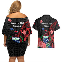 Samoa Independence Day Couples Matching Off Shoulder Short Dress and Hawaiian Shirt Samoan Warriors Ula Fala LT05 - Polynesian Pride