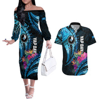 Personalised FSM Yap State Day Couples Matching Off The Shoulder Long Sleeve Dress and Hawaiian Shirt Tropical Flowers Tribal Pattern LT05 Blue - Polynesian Pride