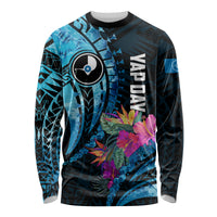 Personalised FSM Yap State Day Long Sleeve Shirt Tropical Flowers Tribal Pattern LT05 Unisex Blue - Polynesian Pride