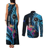 Personalised FSM Chuuk State Couples Matching Tank Maxi Dress and Long Sleeve Button Shirt Tropical Flowers Tribal Pattern LT05 - Polynesian Pride