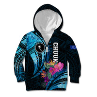Personalised FSM Chuuk State Kid Hoodie Tropical Flowers Tribal Pattern LT05 Zip Hoodie Blue - Polynesian Pride