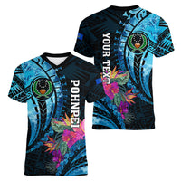 Personalised FSM Pohnpei State Women V Neck T Shirt Tropical Flowers Tribal Pattern LT05 - Polynesian Pride