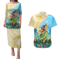 Personalised Hawaii Honolulu Festival Couples Matching Puletasi and Hawaiian Shirt Hula Girls Tropical Vibe LT05 Blue - Polynesian Pride