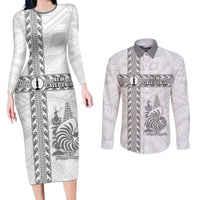 Custom New Caledonia Football Couples Matching Long Sleeve Bodycon Dress and Long Sleeve Button Shirt Go The Kagus LT05 White - Polynesian Pride