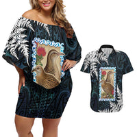 New Zealand Weka Couples Matching Off Shoulder Short Dress and Hawaiian Shirt Maori Hen Koru Pattern - Polynesian Pride