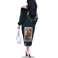 New Zealand Weka Family Matching Off The Shoulder Long Sleeve Dress and Hawaiian Shirt Maori Hen Koru Pattern LT05 - Polynesian Pride