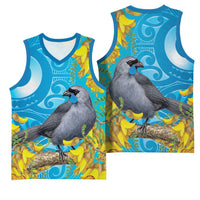 New Zealand Kokako Bird Basketball Jersey Maori Koru With Kowhai Flowers LT05 - Polynesian Pride