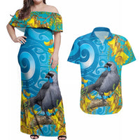 New Zealand Kokako Bird Couples Matching Off Shoulder Maxi Dress and Hawaiian Shirt Maori Koru With Kowhai Flowers LT05 Aqua - Polynesian Pride