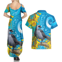 New Zealand Kokako Bird Couples Matching Summer Maxi Dress and Hawaiian Shirt Maori Koru With Kowhai Flowers LT05 - Polynesian Pride
