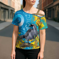 New Zealand Kokako Bird Cross Shoulder Shirt Maori Koru With Kowhai Flowers LT05 - Polynesian Pride