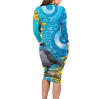 New Zealand Kokako Bird Family Matching Long Sleeve Bodycon Dress and Hawaiian Shirt Maori Koru With Kowhai Flowers LT05 - Polynesian Pride