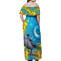 New Zealand Kokako Bird Family Matching Off Shoulder Maxi Dress and Hawaiian Shirt Maori Koru With Kowhai Flowers LT05 - Polynesian Pride