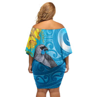 New Zealand Kokako Bird Family Matching Off Shoulder Short Dress and Hawaiian Shirt Maori Koru With Kowhai Flowers LT05 - Polynesian Pride