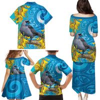 New Zealand Kokako Bird Family Matching Puletasi and Hawaiian Shirt Maori Koru With Kowhai Flowers LT05 - Polynesian Pride