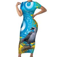 New Zealand Kokako Bird Family Matching Short Sleeve Bodycon Dress and Hawaiian Shirt Maori Koru With Kowhai Flowers LT05 Mom's Dress Aqua - Polynesian Pride