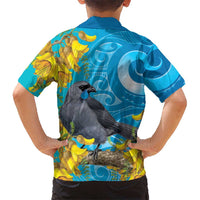 New Zealand Kokako Bird Family Matching Summer Maxi Dress and Hawaiian Shirt Maori Koru With Kowhai Flowers LT05 - Polynesian Pride