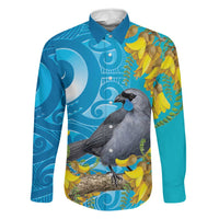 New Zealand Kokako Bird Family Matching Summer Maxi Dress and Hawaiian Shirt Maori Koru With Kowhai Flowers LT05 Dad's Shirt - Long Sleeve Aqua - Polynesian Pride