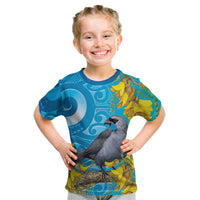 New Zealand Kokako Bird Kid T Shirt Maori Koru With Kowhai Flowers LT05 Aqua - Polynesian Pride