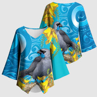 New Zealand Kokako Bird Kimono Sleeve Blouse Maori Koru With Kowhai Flowers - Polynesian Pride