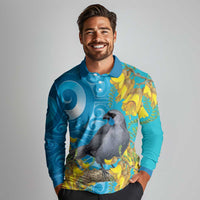 New Zealand Kokako Bird Long Sleeve Polo Shirt Maori Koru With Kowhai Flowers LT05 - Polynesian Pride