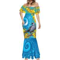 New Zealand Kokako Bird Mermaid Dress Maori Koru With Kowhai Flowers LT05 - Polynesian Pride