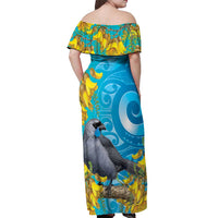 New Zealand Kokako Bird Off Shoulder Maxi Dress Maori Koru With Kowhai Flowers LT05 - Polynesian Pride