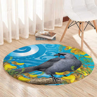 New Zealand Kokako Bird Round Carpet Maori Koru With Kowhai Flowers - Polynesian Pride
