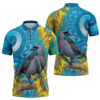 New Zealand Kokako Bird Zipper Polo Shirt Maori Koru With Kowhai Flowers LT05 - Polynesian Pride