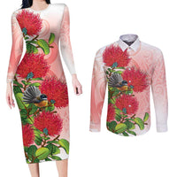 New Zealand Fantail Couples Matching Long Sleeve Bodycon Dress and Long Sleeve Button Shirt Maori Koru With Pohutukawa Flowers LT05 Red - Polynesian Pride