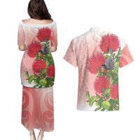New Zealand Fantail Couples Matching Puletasi and Hawaiian Shirt Maori Koru With Pohutukawa Flowers LT05 - Polynesian Pride