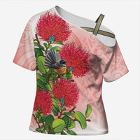New Zealand Fantail Cross Shoulder Shirt Maori Koru With Pohutukawa Flowers LT05 Female Red - Polynesian Pride