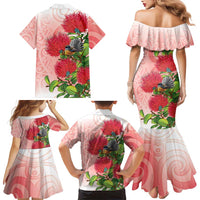 New Zealand Fantail Family Matching Mermaid Dress and Hawaiian Shirt Maori Koru With Pohutukawa Flowers LT05 - Polynesian Pride