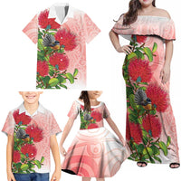 New Zealand Fantail Family Matching Off Shoulder Maxi Dress and Hawaiian Shirt Maori Koru With Pohutukawa Flowers LT05 - Polynesian Pride