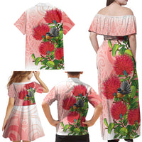 New Zealand Fantail Family Matching Off Shoulder Maxi Dress and Hawaiian Shirt Maori Koru With Pohutukawa Flowers LT05 - Polynesian Pride