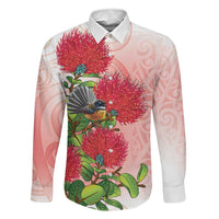 New Zealand Fantail Family Matching Off Shoulder Short Dress and Hawaiian Shirt Maori Koru With Pohutukawa Flowers LT05 Dad's Shirt - Long Sleeve Red - Polynesian Pride