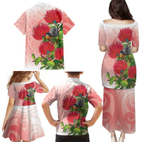 New Zealand Fantail Family Matching Puletasi and Hawaiian Shirt Maori Koru With Pohutukawa Flowers LT05 - Polynesian Pride