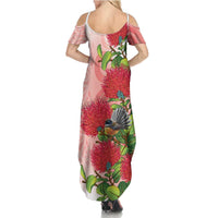 New Zealand Fantail Family Matching Summer Maxi Dress and Hawaiian Shirt Maori Koru With Pohutukawa Flowers LT05 - Polynesian Pride