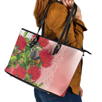 New Zealand Fantail Leather Tote Bag Maori Koru With Pohutukawa Flowers LT05 - Polynesian Pride
