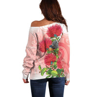 New Zealand Fantail Off Shoulder Sweater Maori Koru With Pohutukawa Flowers - Polynesian Pride