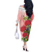 New Zealand Fantail Off The Shoulder Long Sleeve Dress Maori Koru With Pohutukawa Flowers LT05 - Polynesian Pride