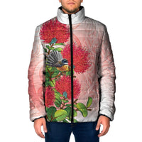 New Zealand Fantail Padded Jacket Maori Koru With Pohutukawa Flowers - Polynesian Pride
