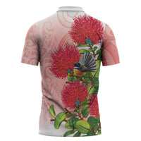New Zealand Fantail Zipper Polo Shirt Maori Koru With Pohutukawa Flowers LT05 - Polynesian Pride