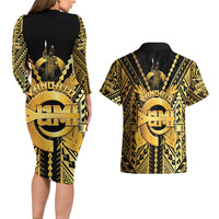 Vanuatu 46th Anniversary Of Independence Couples Matching Long Sleeve Bodycon Dress and Hawaiian Shirt Gold Style LT05 - Polynesian Pride
