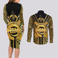 Vanuatu 46th Anniversary Of Independence Couples Matching Long Sleeve Bodycon Dress and Long Sleeve Button Shirt Gold Style LT05 - Polynesian Pride