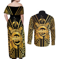 Vanuatu 46th Anniversary Of Independence Couples Matching Off Shoulder Maxi Dress and Long Sleeve Button Shirt Gold Style LT05 - Polynesian Pride