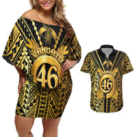 Vanuatu 46th Anniversary Of Independence Couples Matching Off Shoulder Short Dress and Hawaiian Shirt Gold Style LT05 Gold - Polynesian Pride