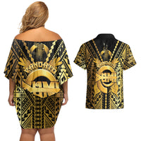 Vanuatu 46th Anniversary Of Independence Couples Matching Off Shoulder Short Dress and Hawaiian Shirt Gold Style LT05 - Polynesian Pride