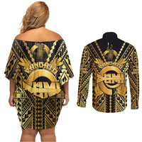 Vanuatu 46th Anniversary Of Independence Couples Matching Off Shoulder Short Dress and Long Sleeve Button Shirt Gold Style LT05 - Polynesian Pride