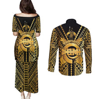 Vanuatu 45th Anniversary Of Independence Couples Matching Puletasi and Long Sleeve Button Shirt Gold Style - Polynesian Pride