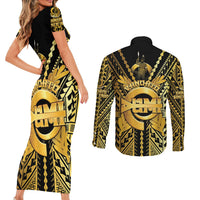 Vanuatu 46th Anniversary Of Independence Couples Matching Short Sleeve Bodycon Dress and Long Sleeve Button Shirt Gold Style LT05 - Polynesian Pride